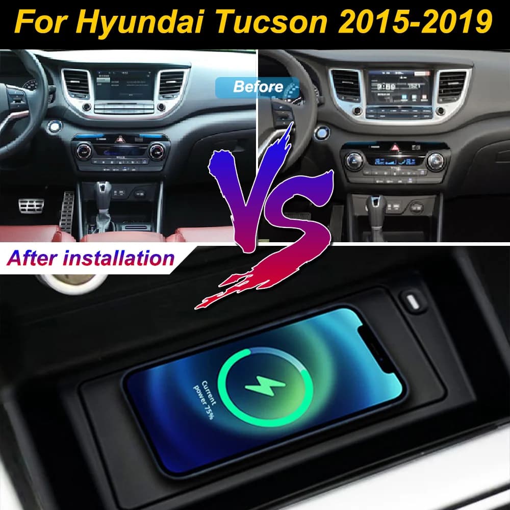 Caricatore wireless 2 Din per auto Hyundai Tucson 2015-2019, supporto per telefono cellulare con ricarica rapida 18W per iPhone, da inserire nella console centrale.
