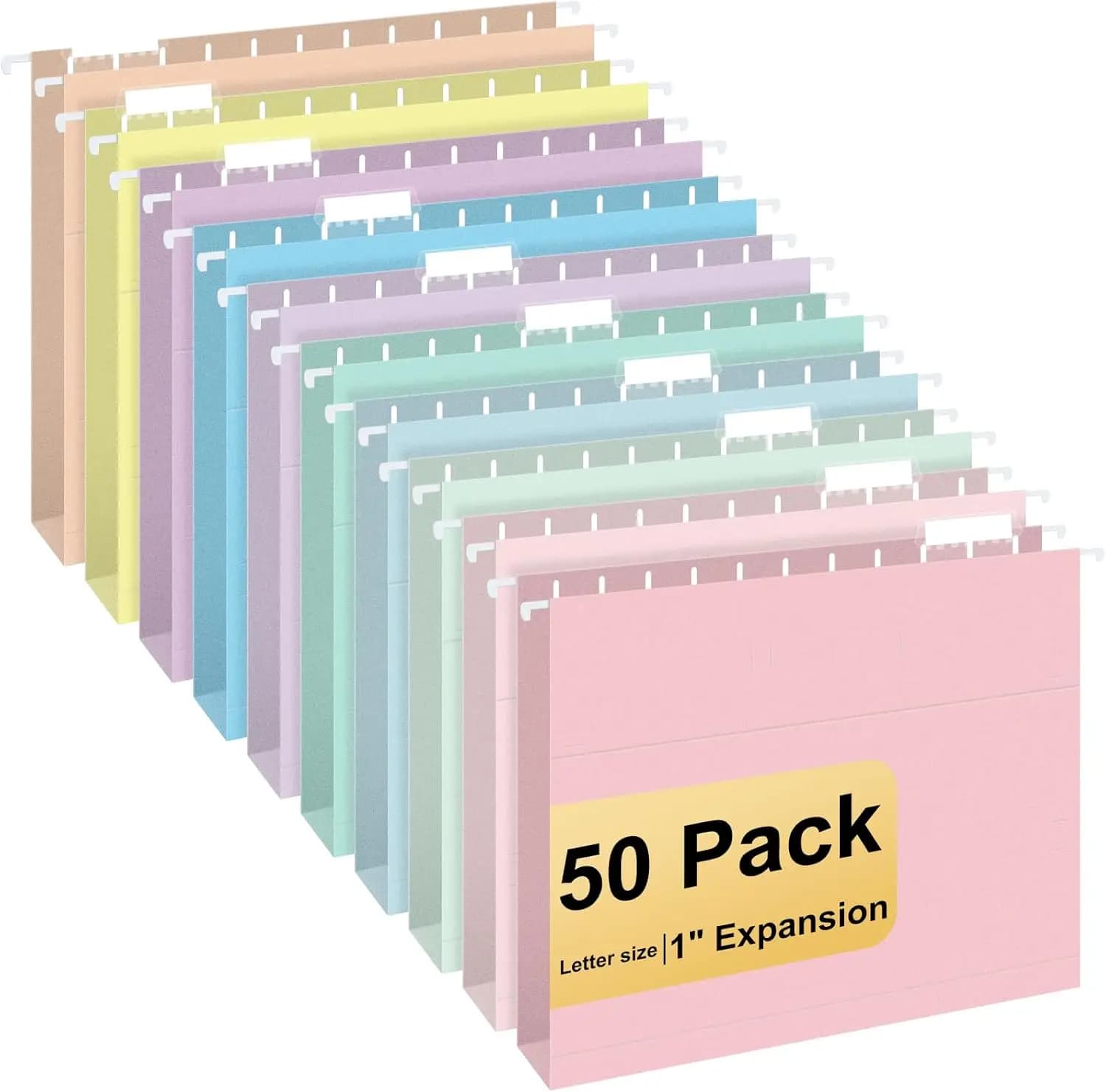 Confezione da 50 Cartelle Appendibili Formato Lettera con Linguette a 1/5 di Taglio, Colori Macaron per Organizzazione Casa e Ufficio