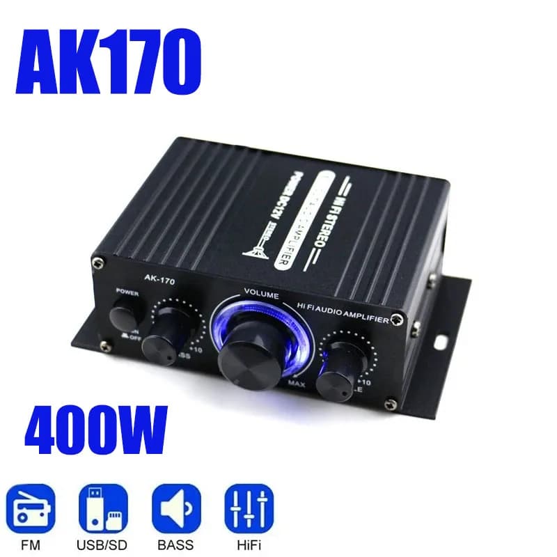 AK170 Mini amplificatore audio per auto di potenza digitale Amplificatore audio stereo a luce blu per Home Theater Club Party Music 200Wx2 Potenza
