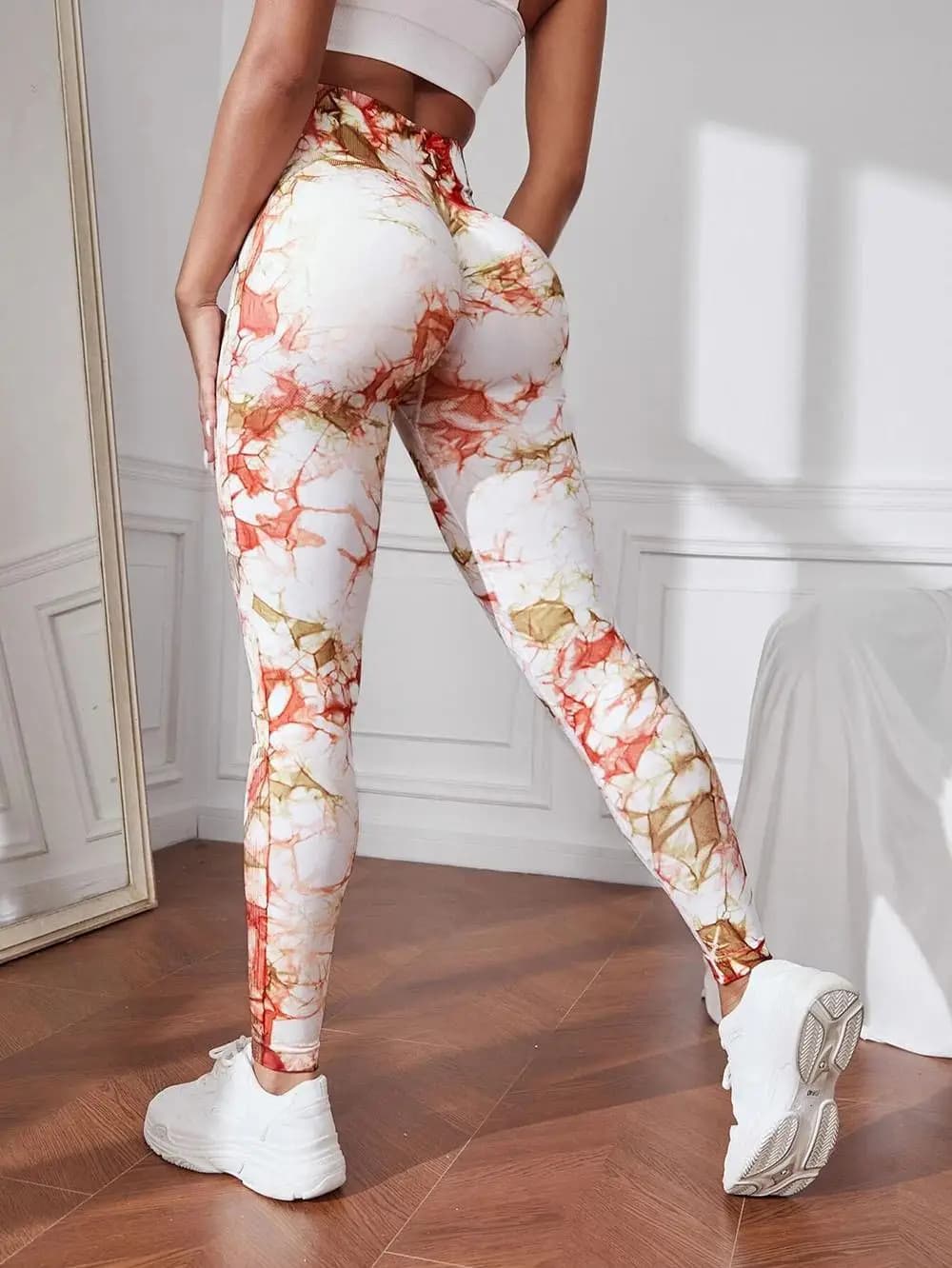 Leggings da yoga fitness senza cuciture per il sollevamento dell'anca Collant da esercizio tie-dye per le donne Pantaloni da allenamento a vita alta con controllo della pancia
