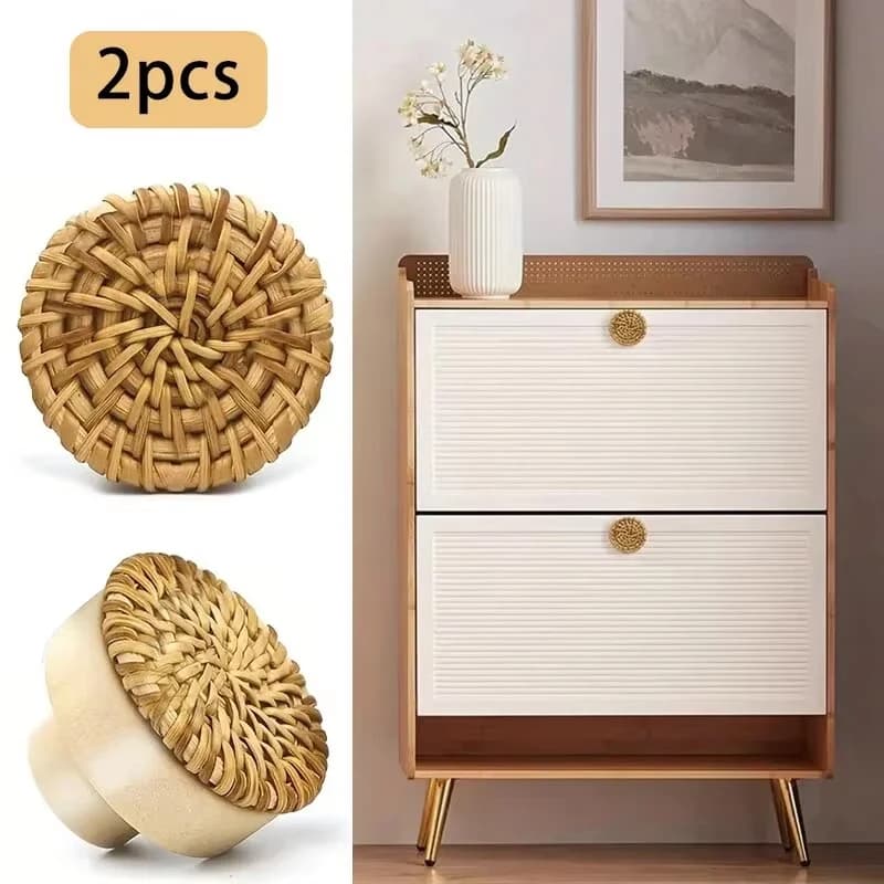 Maniglia per porta in legno massello Circolare piccola tessitura in rattan Creativo foro singolo armadio guardaroba scarpiera cassetto hardware minimalista