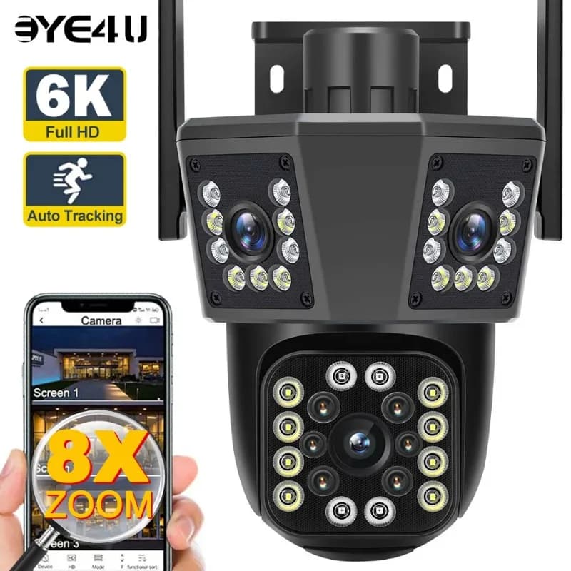6K 12MP WiFi Outdoor PTZ Security Camera 8X Zoom Three Lens AI Motion Tracking 4K Waterproof Surveillance Camera