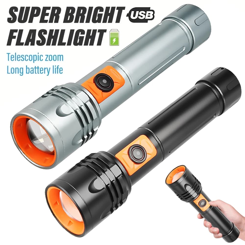 Torcia LED ad alta potenza Torcia ricaricabile USB con zoom telescopico Lanterna tattica super luminosa per la pesca in campeggio all'aperto