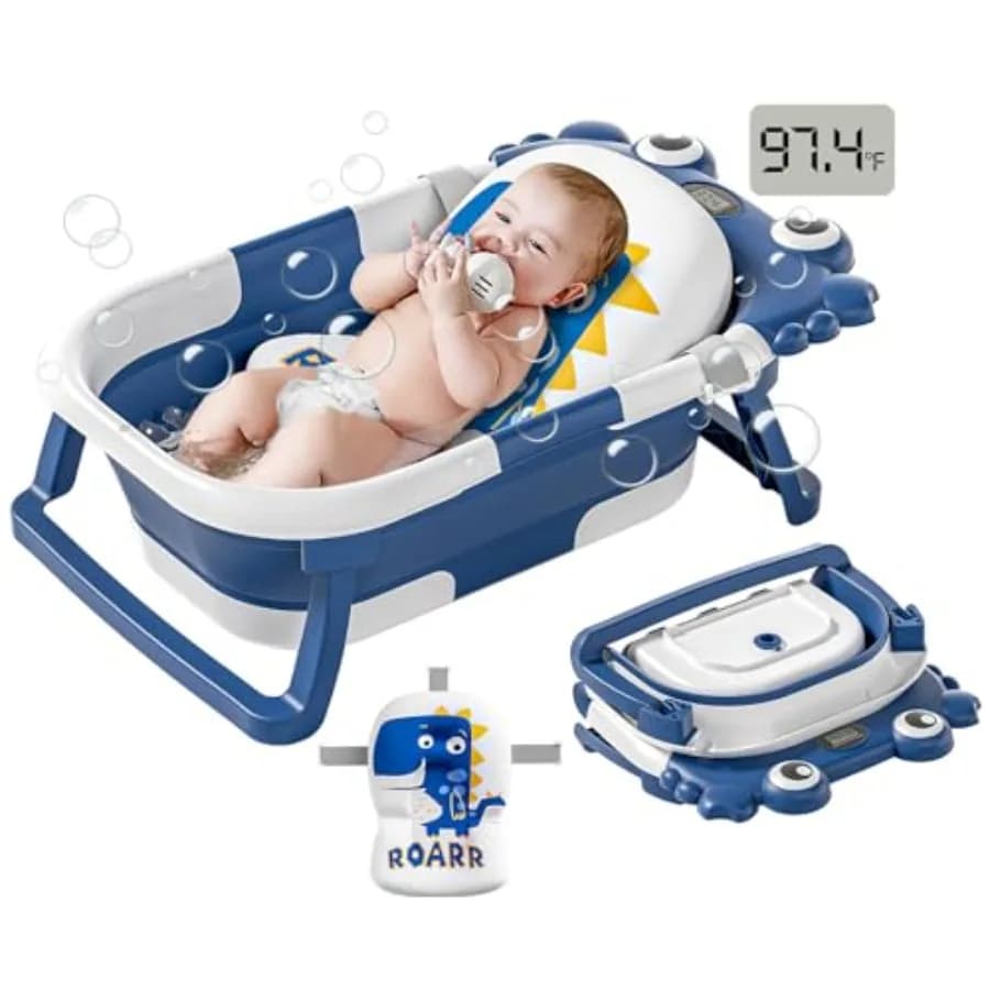 Vasca da Bagno Pieghevole per Neonati e Bambini da 0-36 Mesi con Monitoraggio della Temperatura in Tempo Reale e Cuscino Galleggiante Portatile