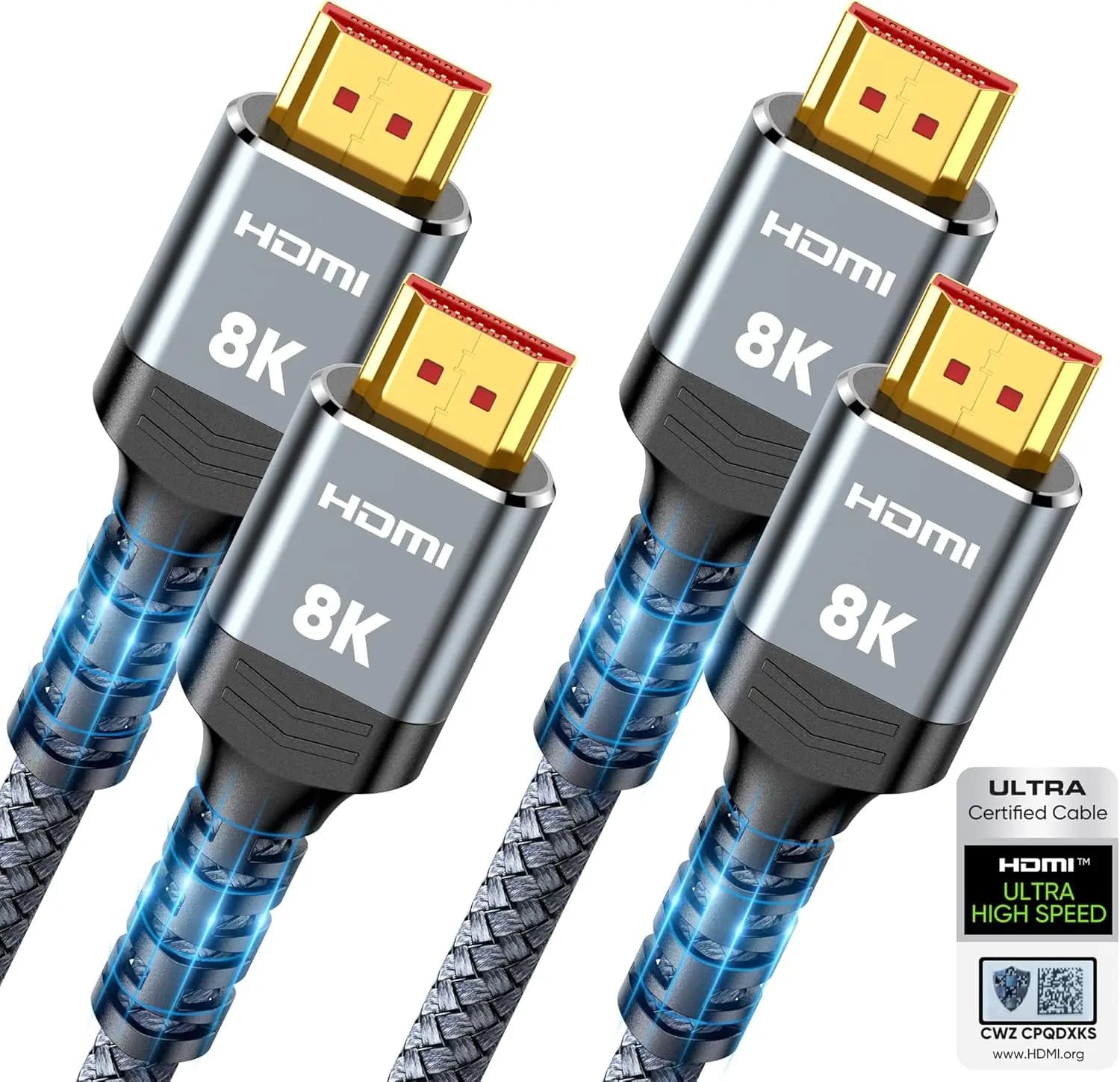 Cavo HDMI 2.1 Certificato ad Altissima Velocità 48Gbps, Confezione da 2, 2m, Supporta 8K@60Hz 4K@120Hz, HDR Dinamico, eARC, HDCP 2.2/2.3, Compatibile con PS5/Xbox/Roku TV
