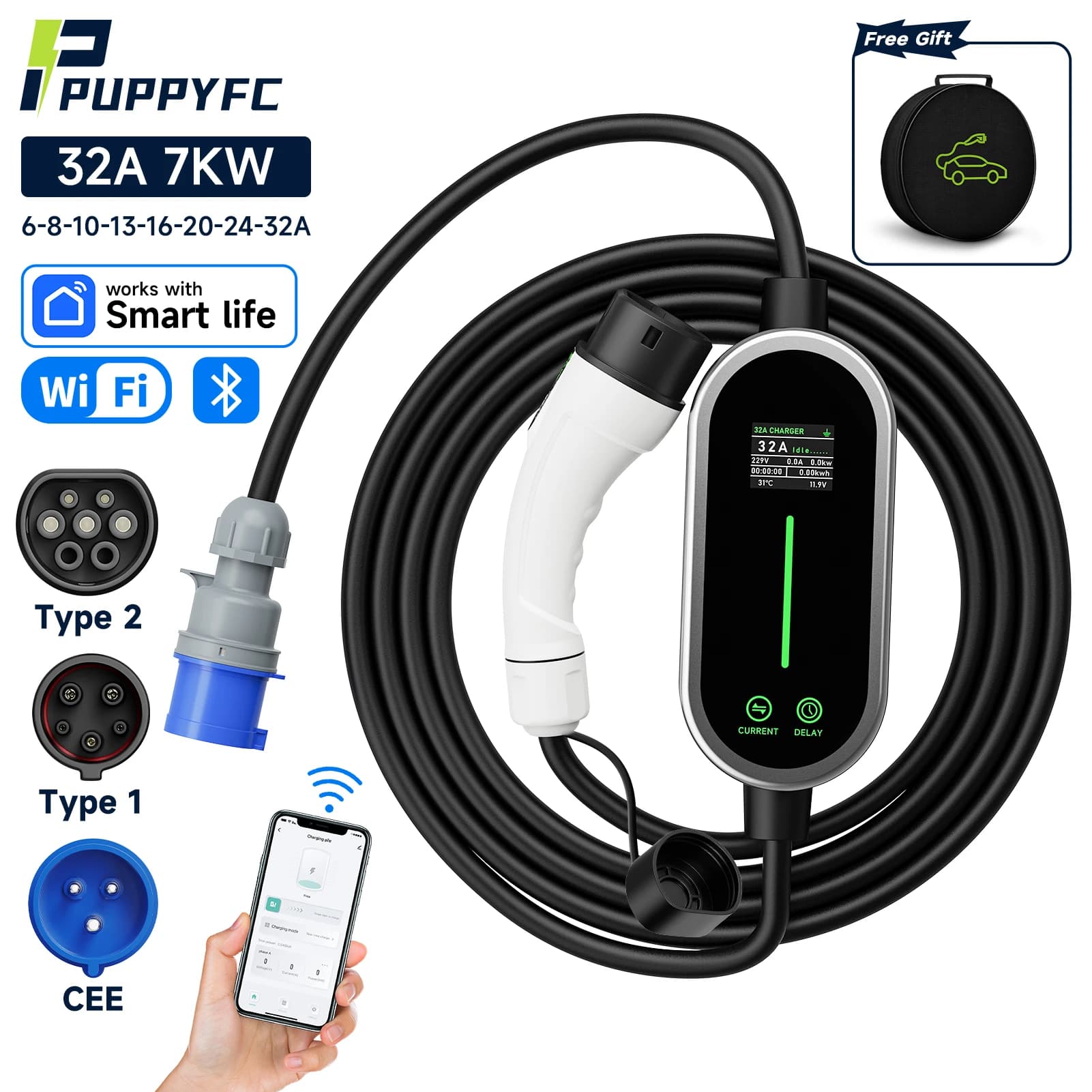 Caricatore EV Portatile Puppyfc Type2 7KW 32A Monofase con Controllo WiFi Smart, Wallbox Type1/GBT, Presa CEE per Veicoli Elettrici