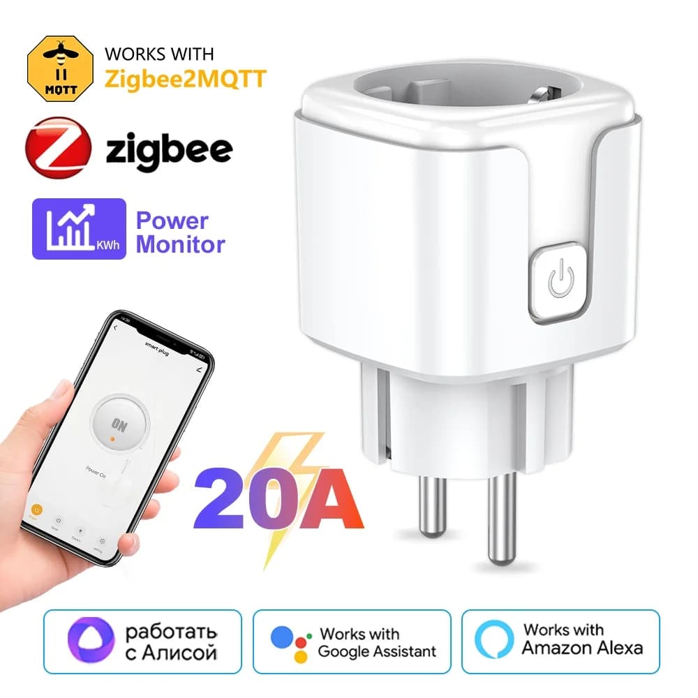 Zigbee3.0 Smart Plug 20A EU socket with power monitor support App Voice control Google Home Alexa Alice Works Zigbee 2MQT