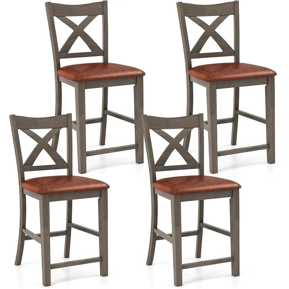 Set of 4 High Bar Stools with Poggiapiedi, Back Support, Linen Cushion, Wooden Chairs Kitchen and Dining Room
