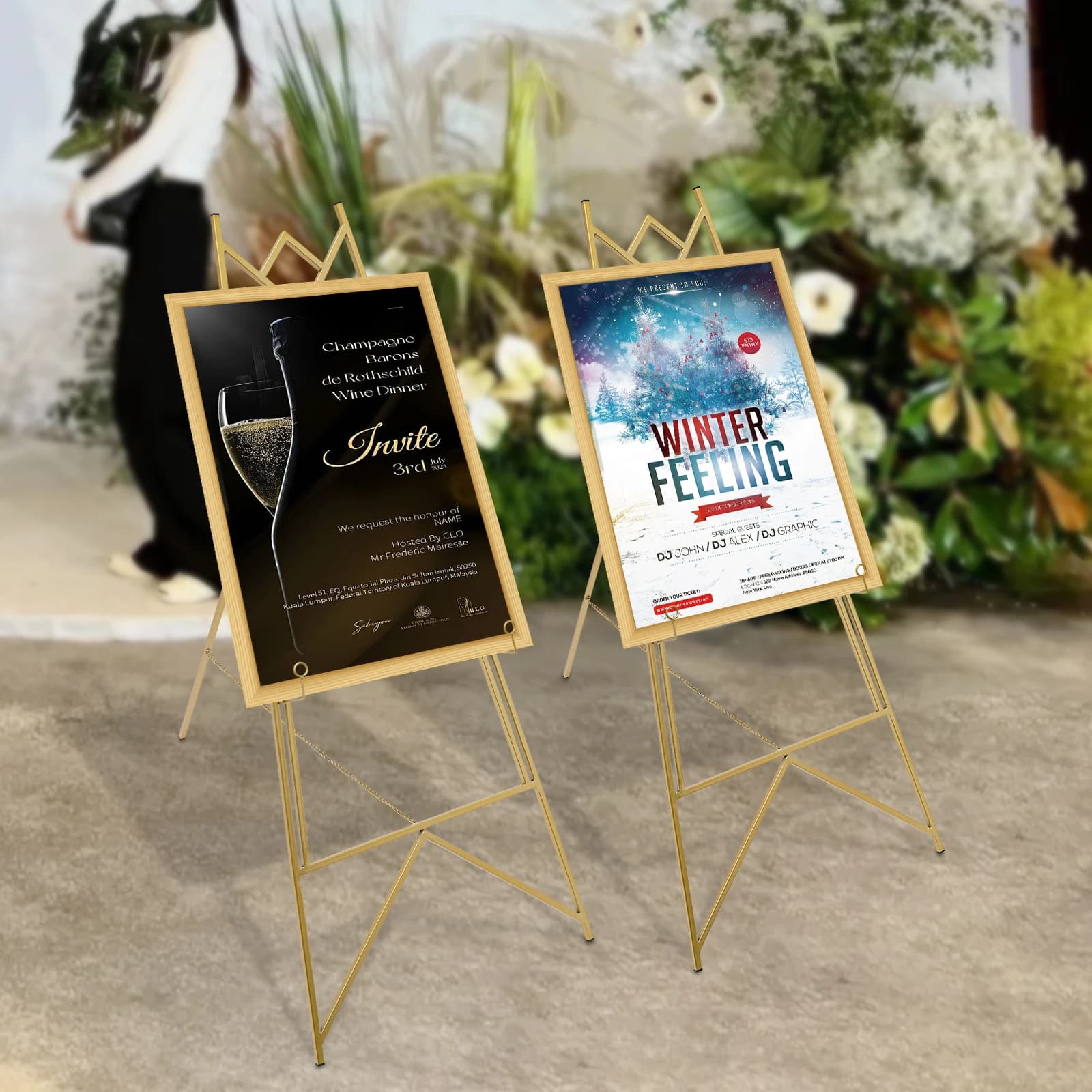 2Pcs Gold Easel Stand Heavy Duty Metal Display Stand 48x113cm Portable Decorative Floor Stand Adjustable Tilt for Weddings, Paintings, Exhibitions, Advertisements,