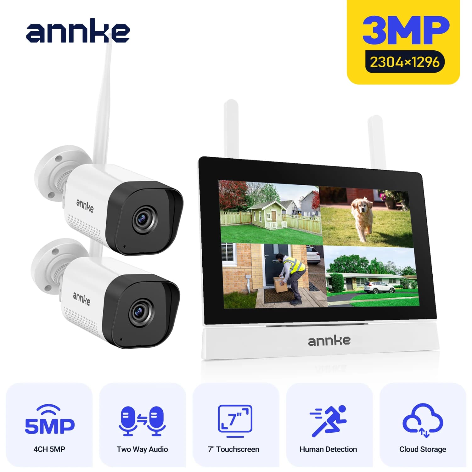 ANNKE-Wireless NVR Camera, CCTV System, Motion Detection, Two-Way Audio, IR Night Vision, 3MP 2Pcs Cam, 4CH, 7 "Monitor, WTL300