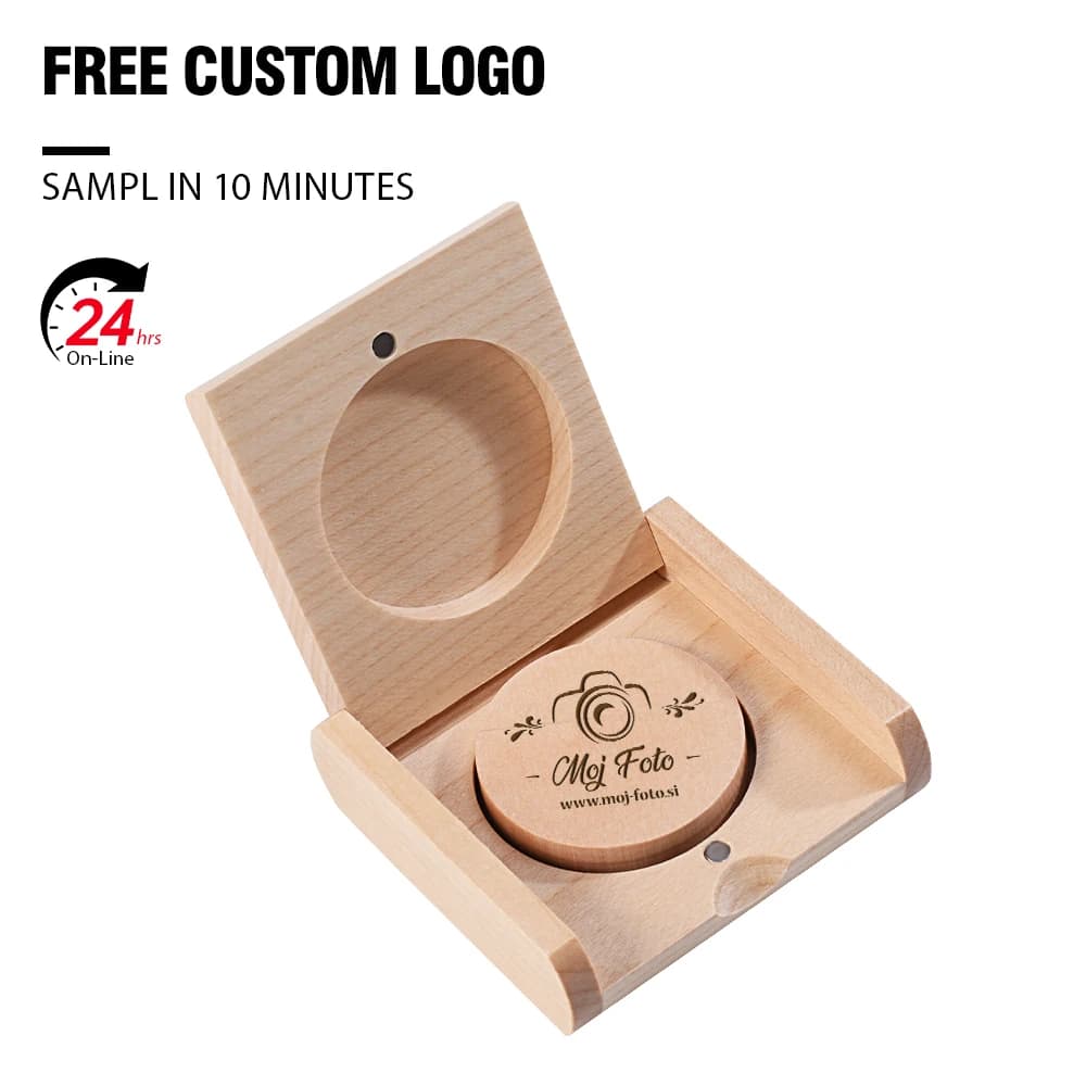 Logo personalizzato gratuito Pen Drive Scatola rotonda in legno Chiavetta USB Memory Stick Dispositivo di archiviazione Pendrive Regalo di nozze 128 GB 64 GB 32 GB 16 GB