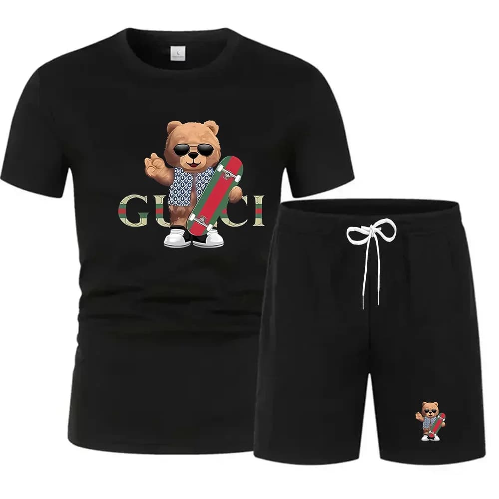 Men's summer sports suit with short sleeves, set of crew neck and short shorts, 2 pieces.