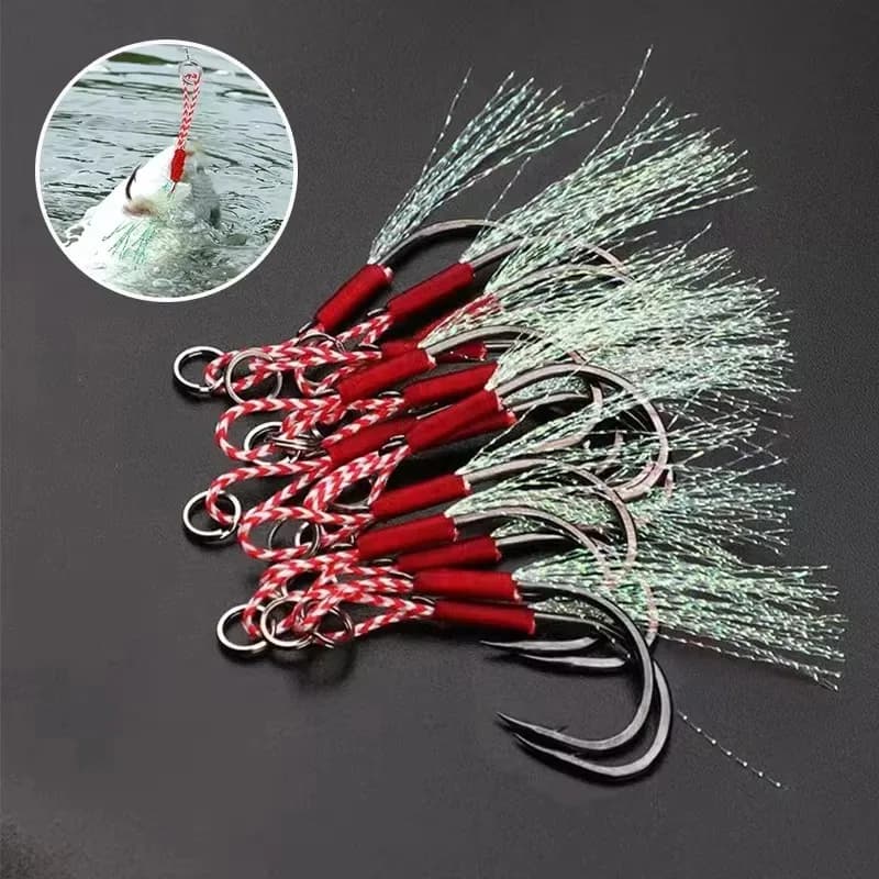 30/60pcs Slow Jigging Fishing Cast Jigs Assist Hook Barbed Single Jig Hooks Thread Feather Pesca High Carbon Steel Fishing Lure