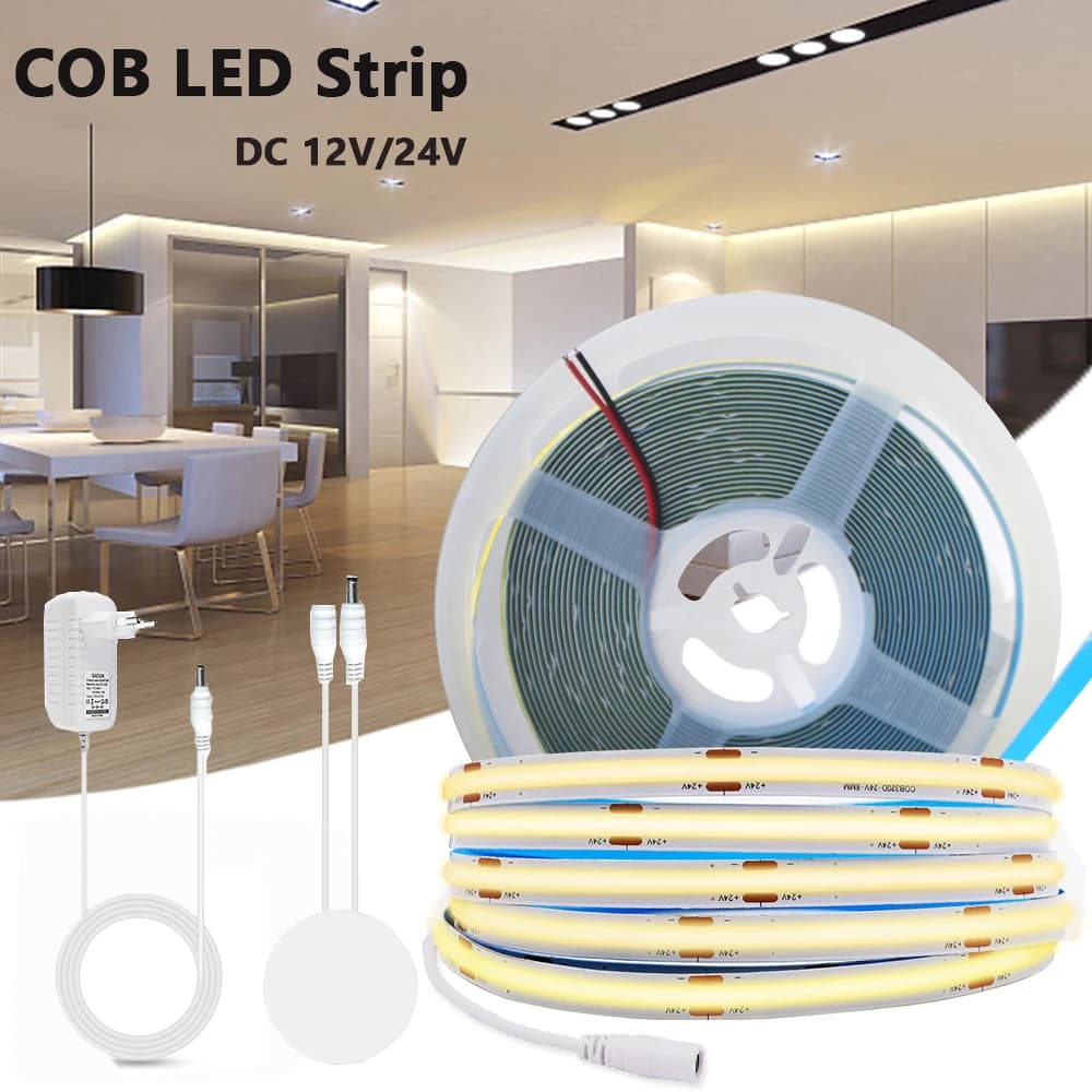 Striscia LED COB 12V 24V con Dimmer Touch, Interruttore a Induzione Manuale, Kit di Alimentazione US/EU, Nastro Flessibile 320 LED per Illuminazione Cucina e Camera da Letto