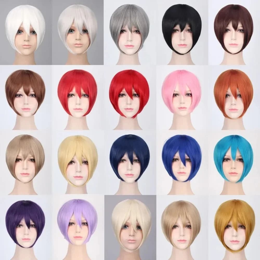 30 cm Corte Bob Wigs for Cosplay Cartoon, for Men and Women, for Party, in Synthetic Hair Resistant to High Temperatures, Costumes for Halloween + Free Wig Head