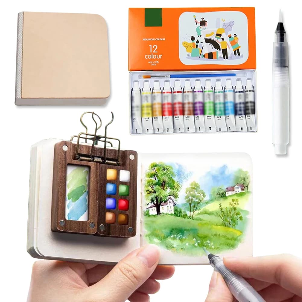 8/15 Colors Portable Travel Gouache Palette Set Mini Walnut Paint Box Artist Gouache Paint Palette Sketchbook Art Supplies