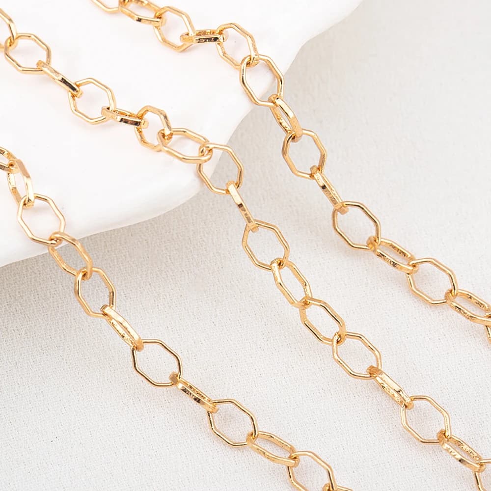 Catene a maglie piatte ovali in ottone placcato oro 18k da 0,5 e 1 metro per creazione fai da te di collane, bracciali e forniture per gioielli