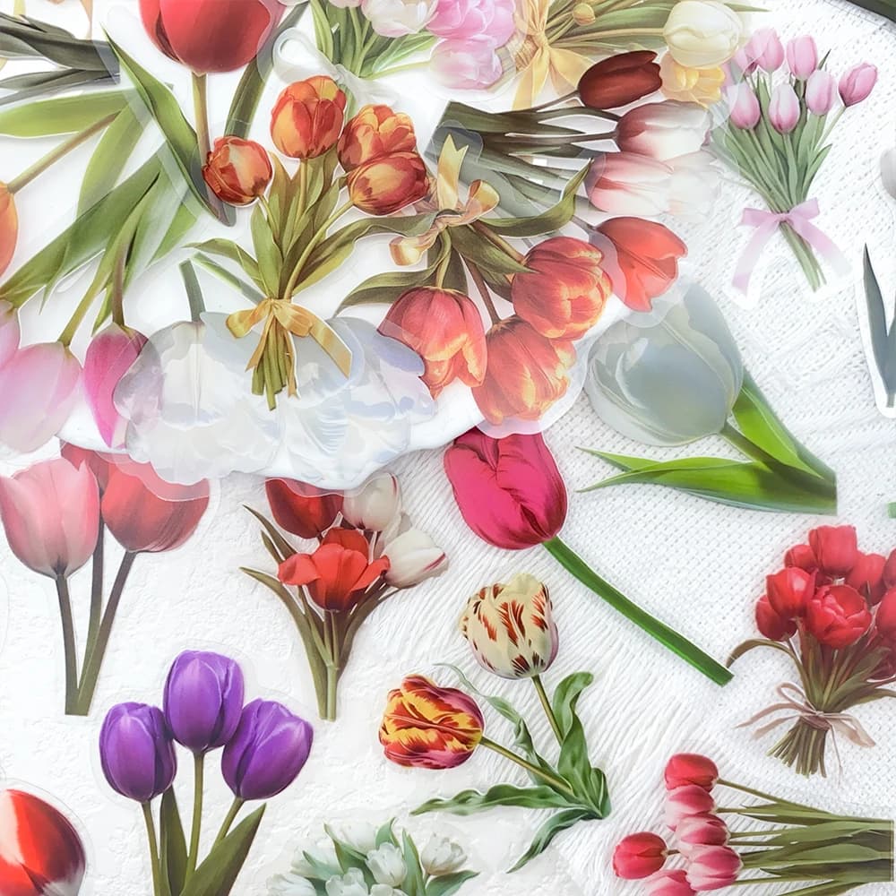 50 pezzi di fiori freschi tulipano adesivi PET trasparenti decalcomanie per telefono portatile notebook bagagli adesivi estetici fai da te regali creativi