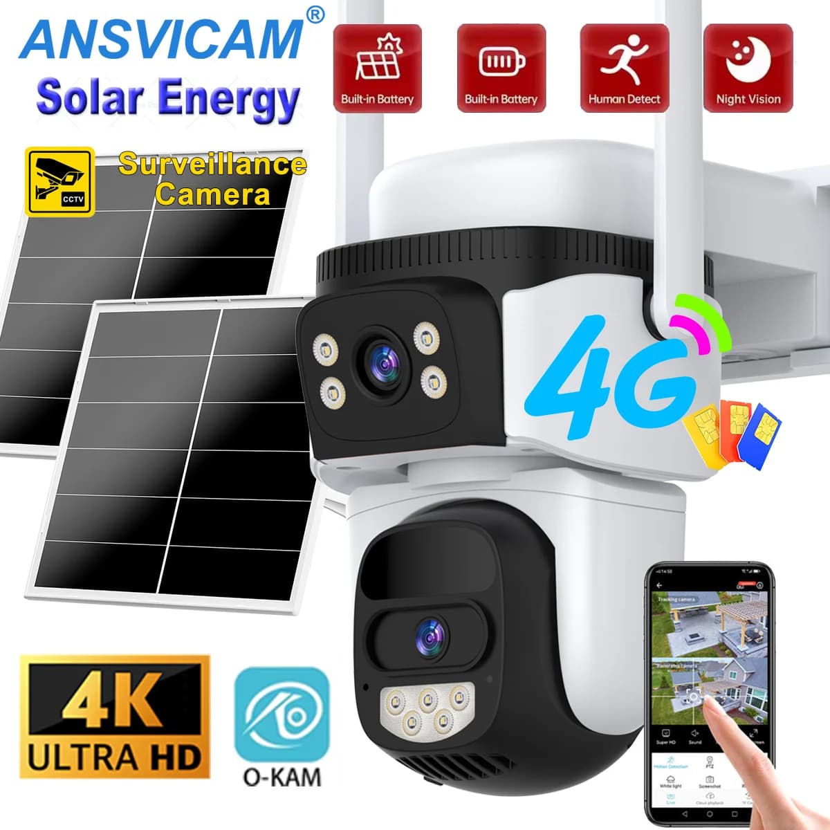 Telecamera di Sicurezza Solare 4G a Doppia Lente 4K 8MP Wireless PTZ per Esterni con Videosorveglianza Remota e Protezione Intelligente