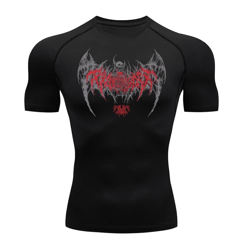 Short-sleeved compression shirts with skull wings print for men Summer Gym Training Running T-shirt Athletic quick drying