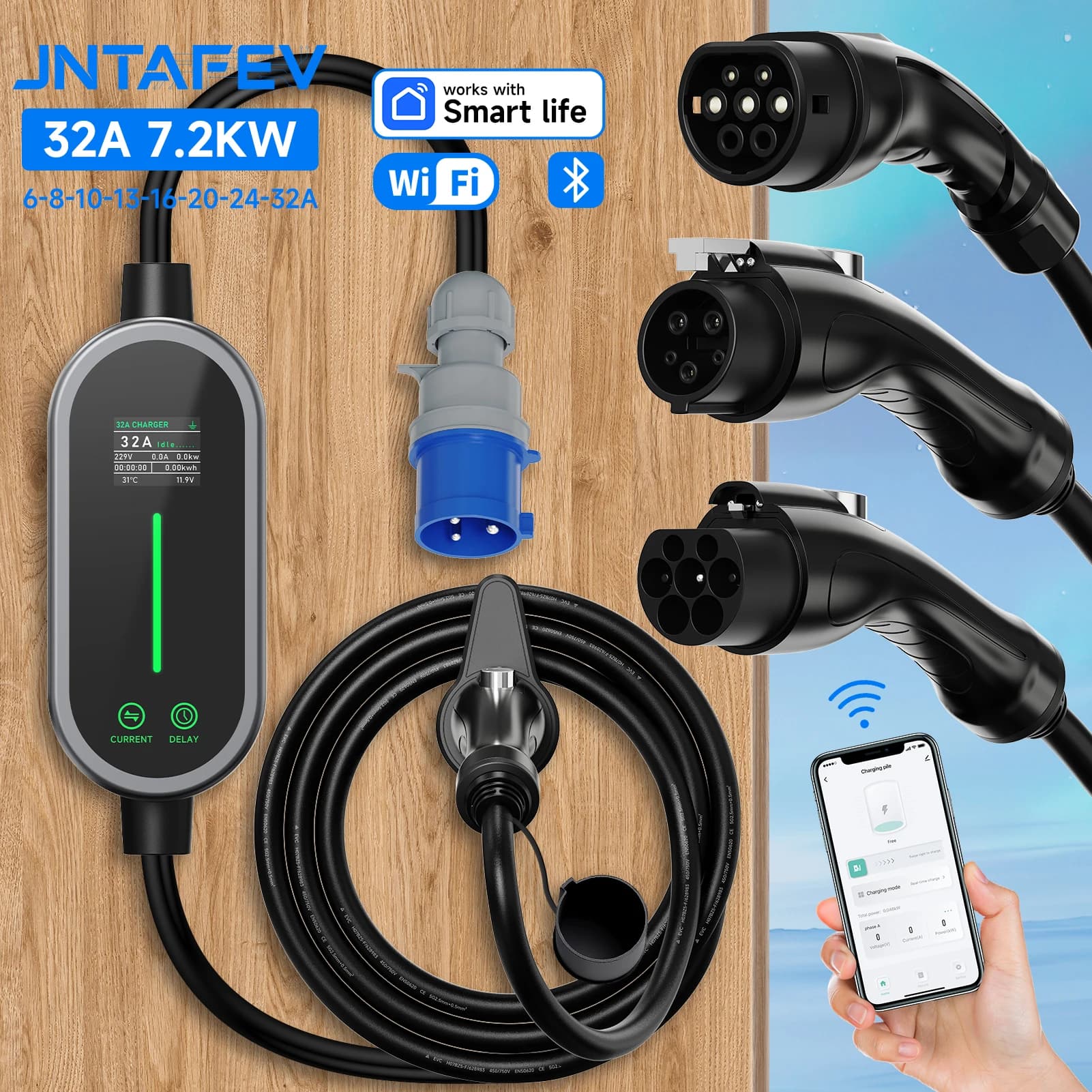 Portable EV Charger 7.2KW 32A Type 2 Fast Charging Cable for Electric Vehicle with WiFi APP Bluetooth Control CEE Plug