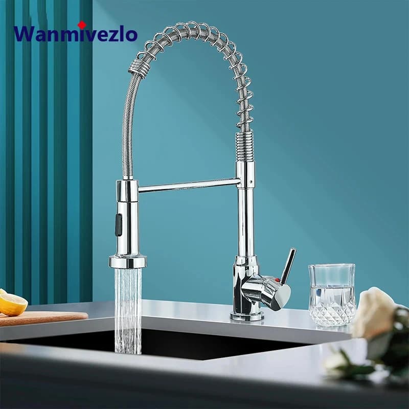 Rubinetti da cucina estraibili a molla Testa di spruzzo a flusso Rubinetto per acqua calda fredda Rubinetto per miscelatore da cucina con rotazione in acciaio inossidabile Gru