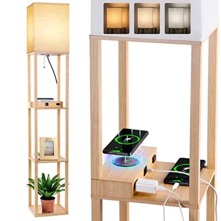 Lampada da Terra con Mensole, Lampada con Caricatore Wireless e Porte USB A+C e 2 Prese AC, 3 Temperature di Colore, Modello Alto da Angolo S