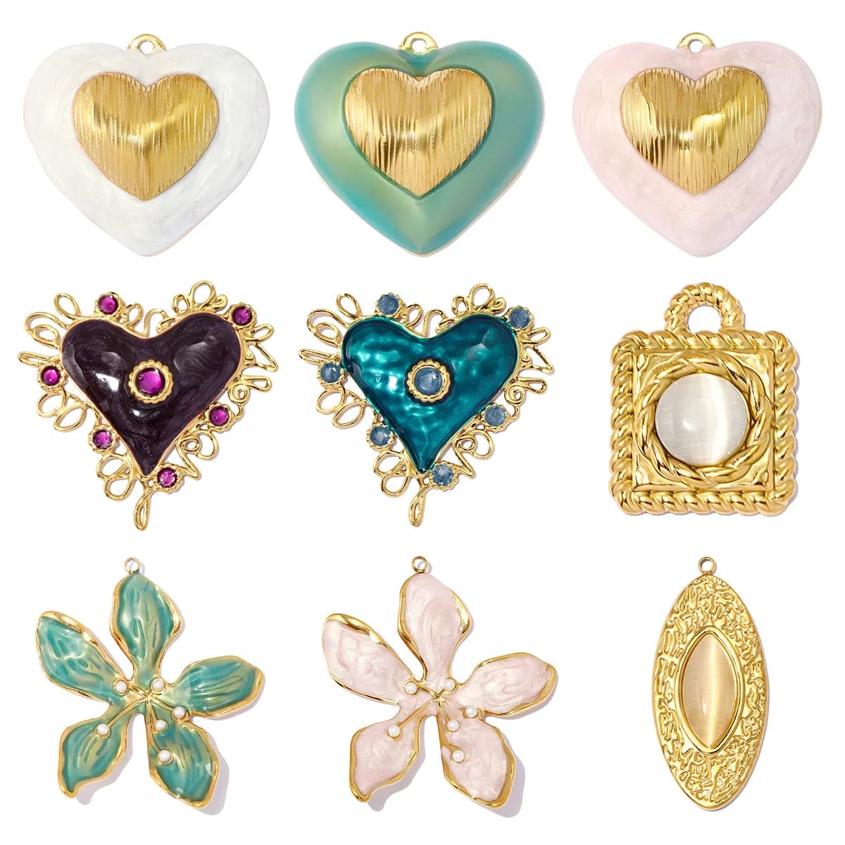3pcs/Lot Stainless Steel Cat Eye Suqare DIY Earring Charms Love Heart Necklace Pendants Woman Enamel Flower Jewelry Wholesale