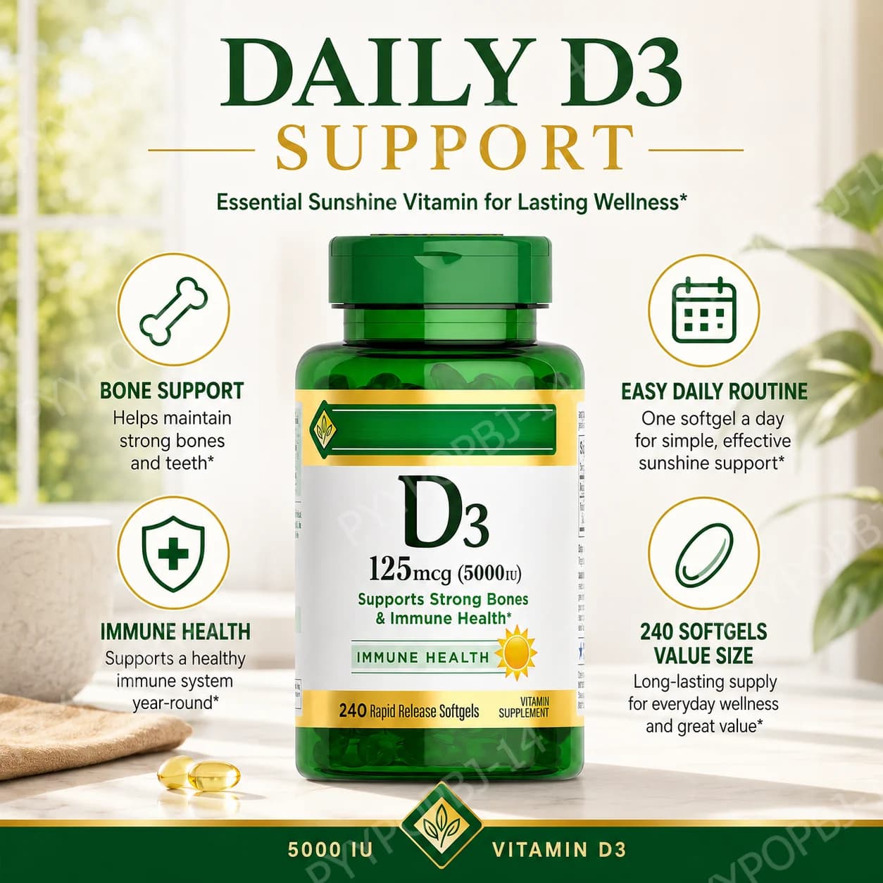 Vitamin D3 Softgels 5000 IU, Cholecalciferol Daily Supplement, 240 Count, Easy Softgel for Men & Women Daily Wellness