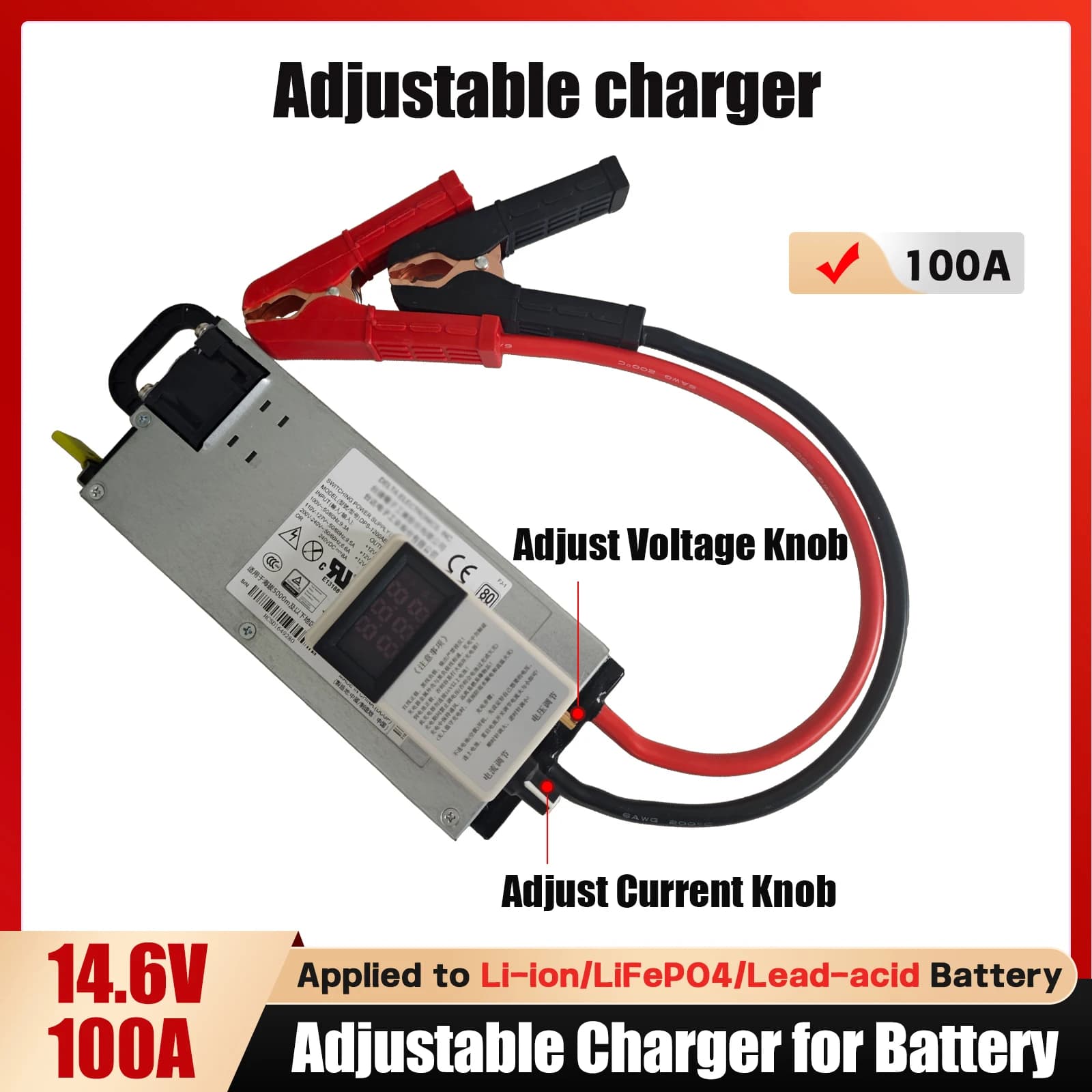 15V 3-100A Adjustable Universal Battery Charger Preset Modes 12.6V for Lithium 14.6V for LiFePO4 12V for Lead Acid 60A 100A Outp