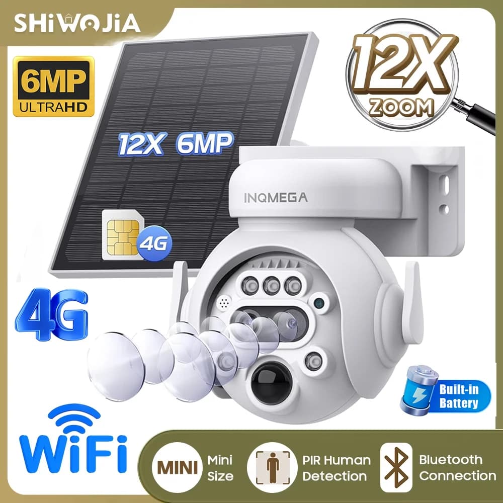 SHIWOJIA 6MP 4G Solar Panel Camera WIFI Night Vision Solar Security Battery Camera Bidirectional Video PIR Human Detection Monitoring