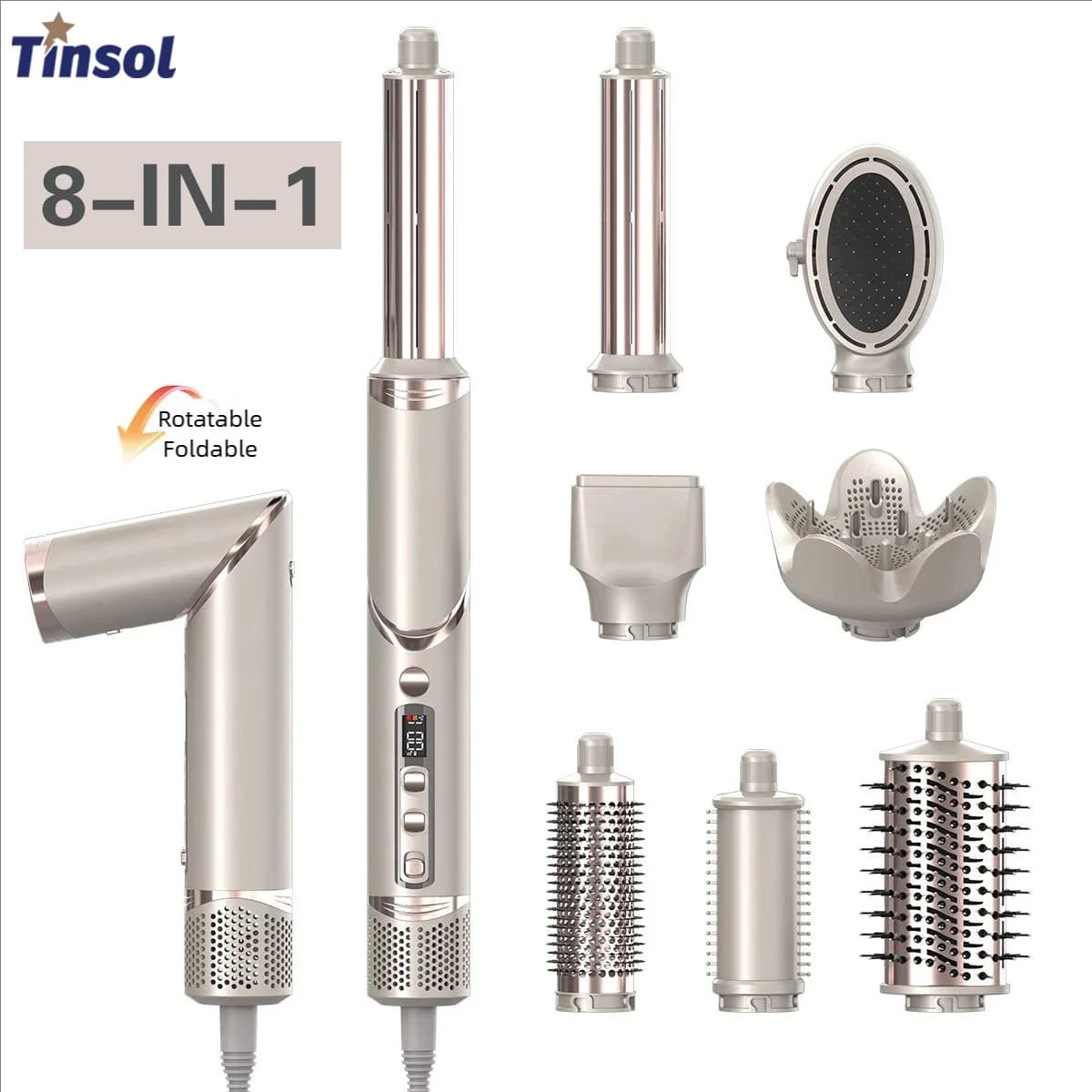 TINSOL Set Hair dryer and iron 8-in-1 in Ion Negative, curling brush and multifunction tool for Styling