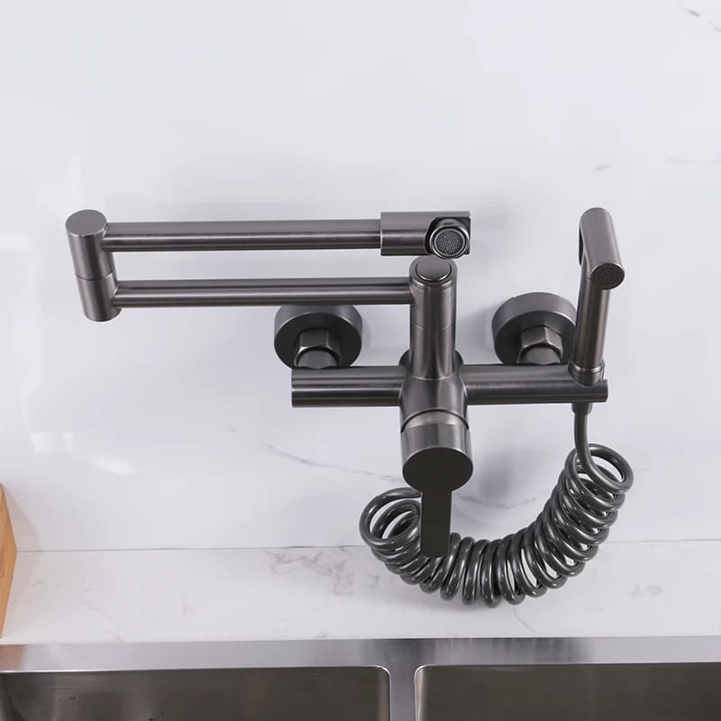 Rubinetto per riempire pentole da cucina a doppio foro Rubinetto per lavello pieghevole da cucina a parete con spruzzatore Miscelatore caldo e freddo con maniglia singola Grigio