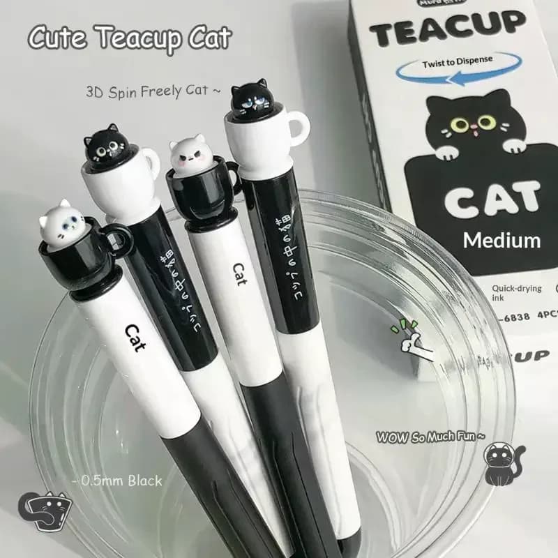 Simpatiche Penne Gel a Forma di Gatto Teacup 0.5mm, Asciugatura Rapida, Penna Tascabile Girevole, Design Divertente a Forma di Animale per Scuola, Ufficio, Studenti, Forniture di Cancelleria