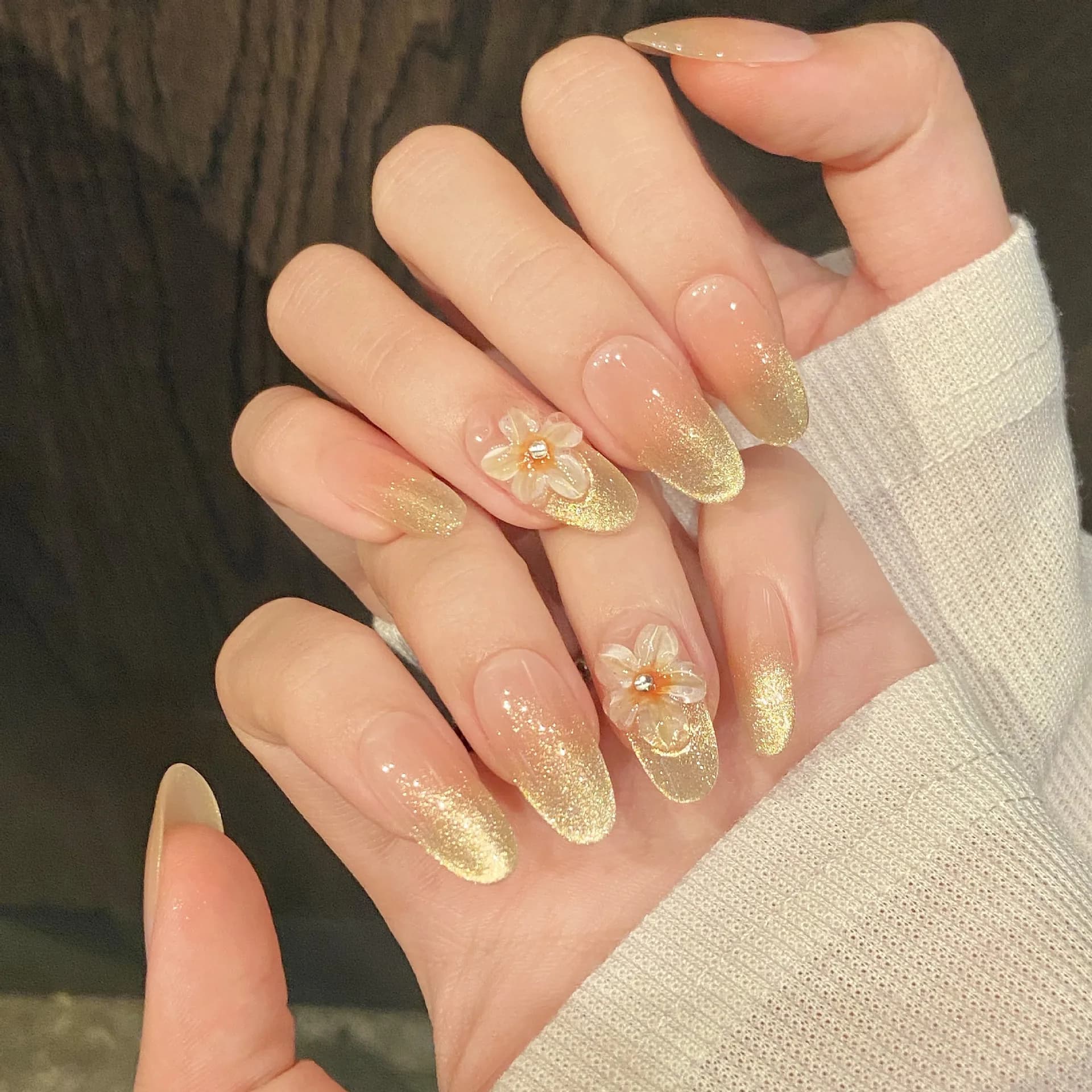10 pieces handmade print on nails shade gold cat's eye round fingernails with yellow flower wearable reusable tips for fake nails