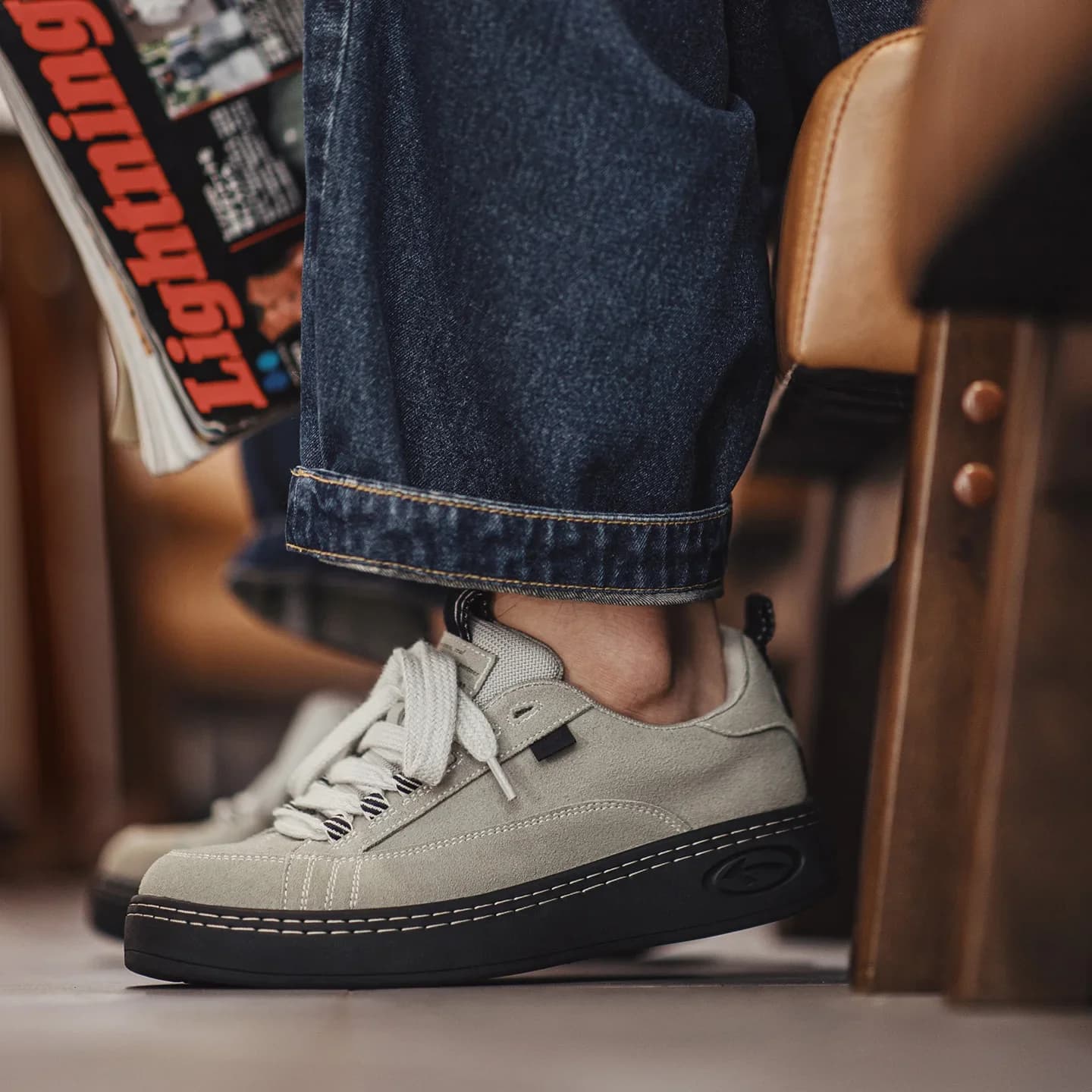 Maden Men's casual gray table shoes Robust platform Low skate shoes with round toe and retro lacing for autumn winter