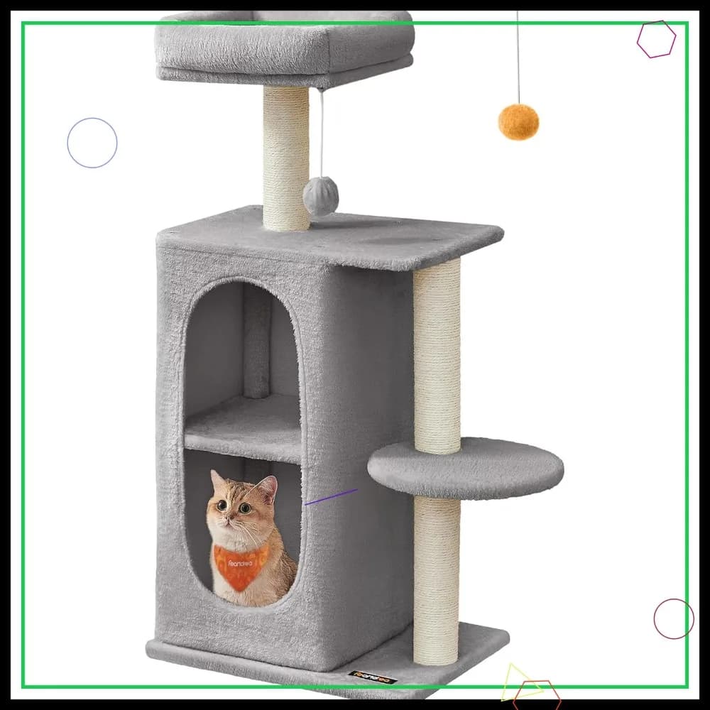 Small Spazi Timber Cat Tree, Cat Tower with Rest and Tiragraffi, Light Grey