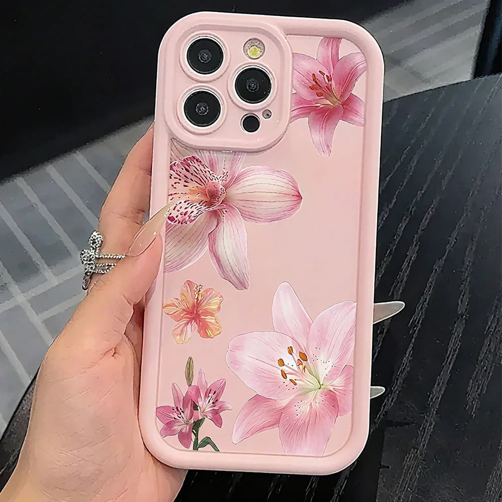 Anti-shocket TPU phone case with minimalist pink lily floral pattern for iPhone 17 16 15 14 13 12 11 Pro Max XS X XR 7 8 Plus 16E Cover