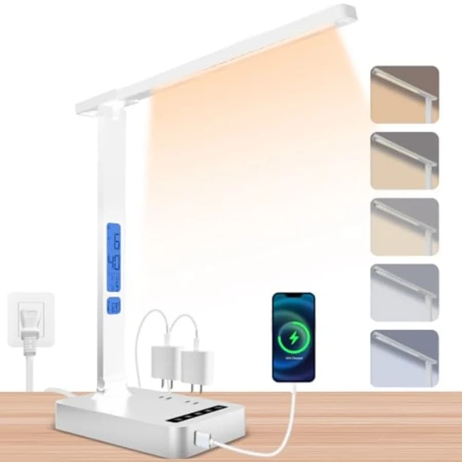 Lampada da scrivania intelligente con doppia porta USB (Type-C/USB-A) e 2 prese CA, orologio digitale, display della temperatura, 5 modalità colore, 5 livelli di luminosità