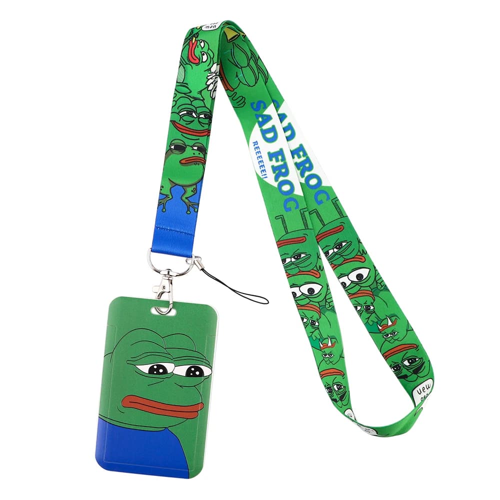 ER723 verde triste rana cartone animato cordini porta Badge ID Bus Pass custodia Cover Slip Bank porta carte di credito cinturino titolare della carta gioielli
