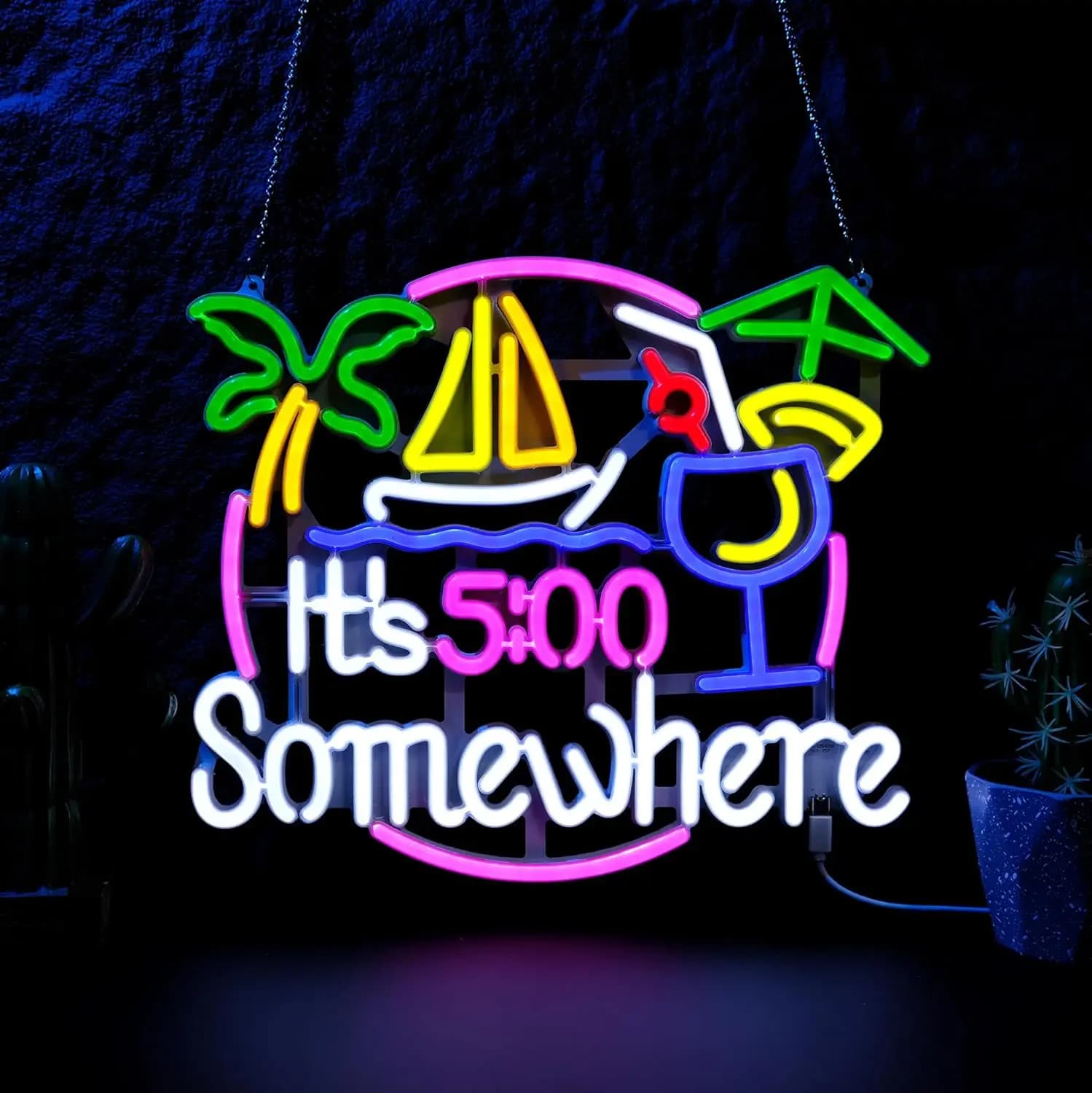 Insegna al Neon 'It's 5:00 Somewhere', Luce da Parete Artistica per Aziende, Luce LED USB al Neon per Patio, Bar, Sala Giochi, Camera da Letto, Decorazione, Regalo