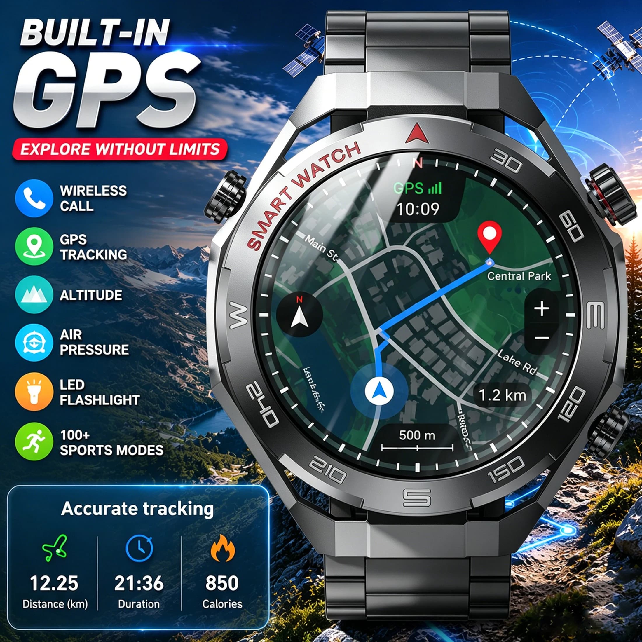 Smartwatch for Men with Integrated GPS, Bluetooth Calls, External Sports Clock, 100+ Sports Mode, Cardiaca Frequency, SpO2, altimeter, Barometer
