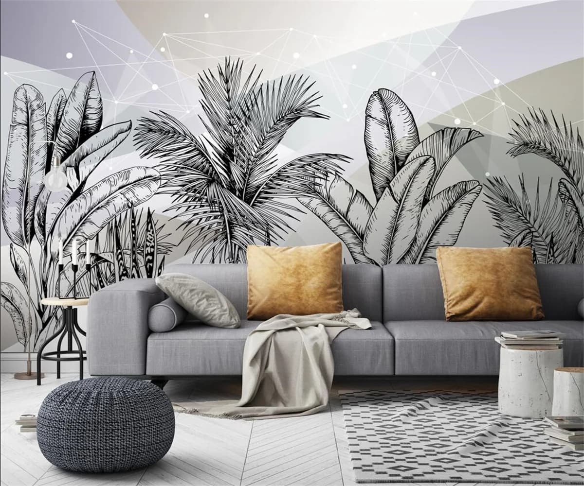 Carta da Parati Personalizzata Moderna Nordica Astratta Geometrica con Foglie di Banana della Foresta Tropicale, Murale per Sfondo TV, Carta da Parati 3D