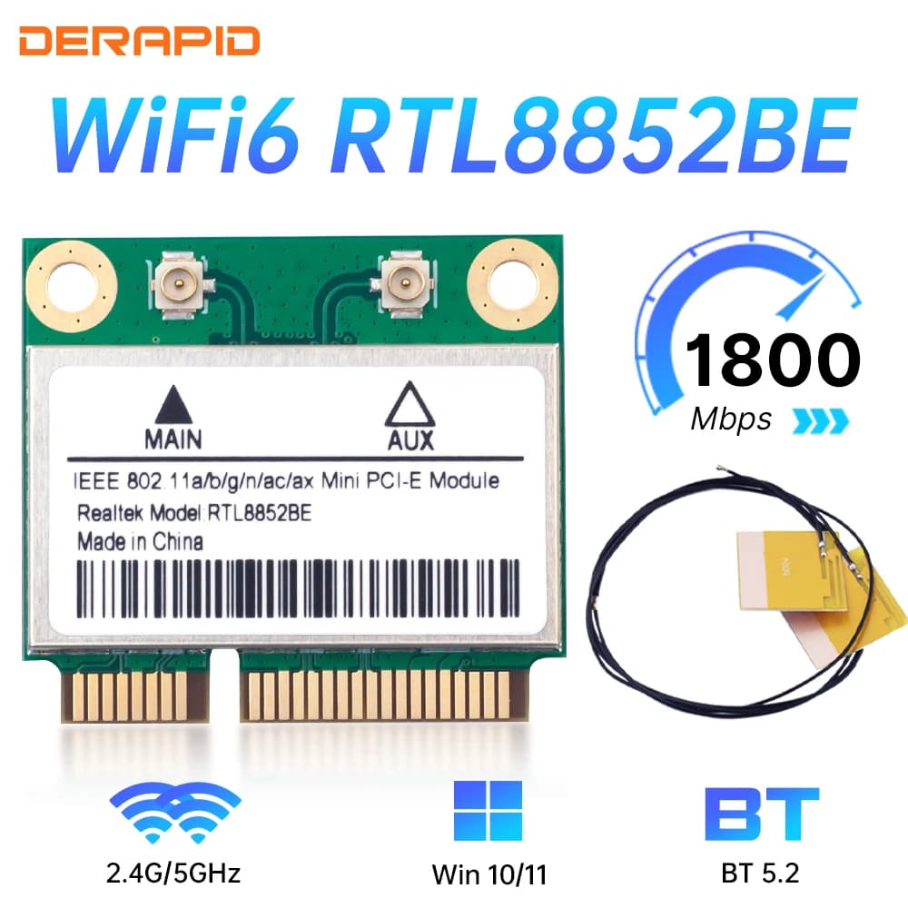 RTL8852BE Kit antenna scheda di rete WiFi 6 1800Mbps BT 5.2 Dual Band Wireless MiniPCIe 802.11ax 2.4G/5GHz MU-MIMO per Windows 10