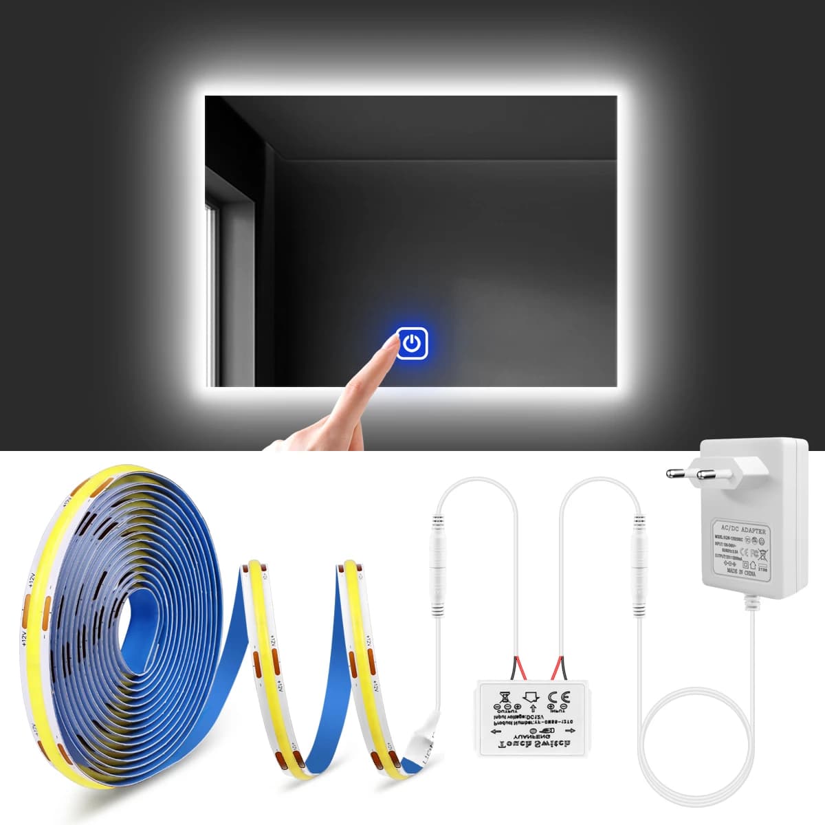 DC12V COB LED Strip Light with DIY Dimmable Hand Touch Sensor Switch For Home Bathroom Makeup Table Mirror Light