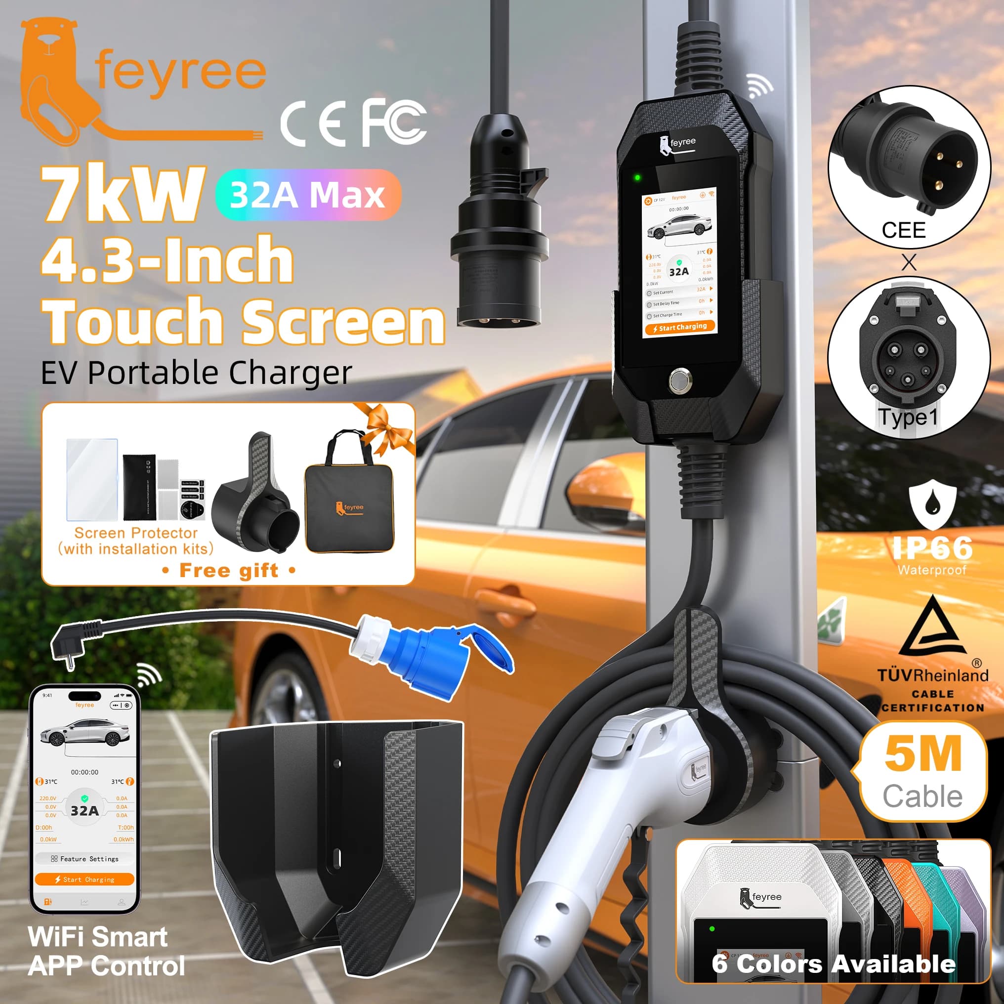 feyree TouchScreen from 4.3''' Type1 Rechargeable Plug 7 kW EV Portable Charger Dual Temperature Function with CA Upgrade Charger OTA Smart APP