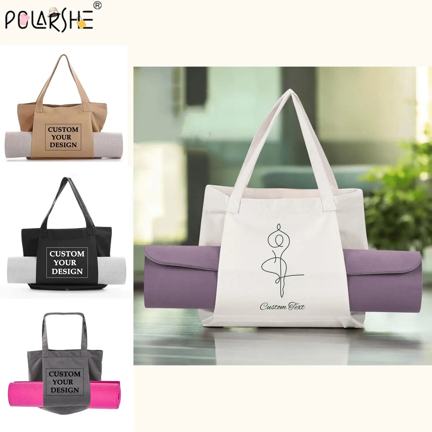 Customized tote bag for yoga mat Custom bag for pilates in canvas Yoga mat holder Women's canvas bag with sporty shoulder strap