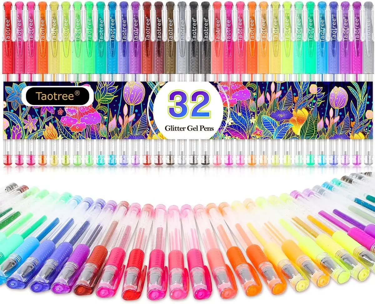 Set di 32 Penne Gel Glitterate, Pennarelli a Punta Fine con 40% di Inchiostro in Più per Colorare e Disegnare per Adulti