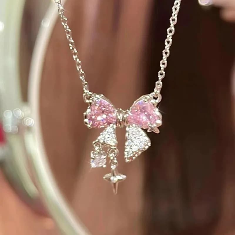 Korean Fashion Moonstone Firefly necklace with zircone pendant Bow Knot Heart Butterfly Clavicle Chain Women Girls Jewelry Gifts