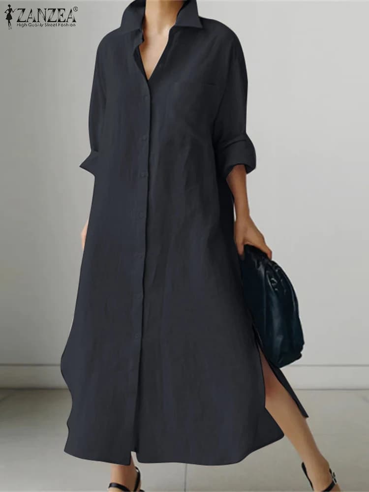 ZANZEA Women's Dress Long Sleeve Solid Shirt Summer Dress Fashion Dresses Fashion Maxi Large Dresses Vintage Robe Female